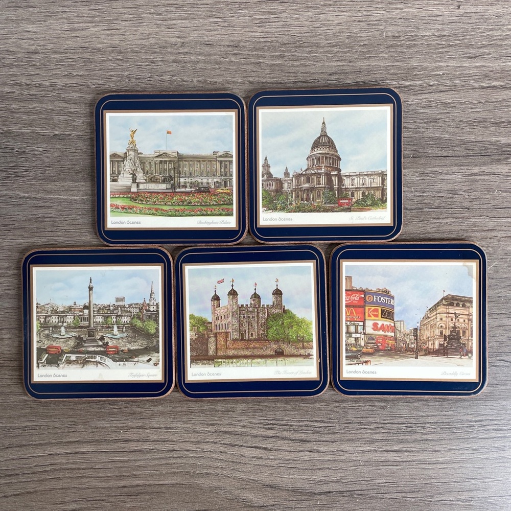 Vintage Coaster Set, Scenes of Historic London, Set of 5, Cork Backed, Pimperrel